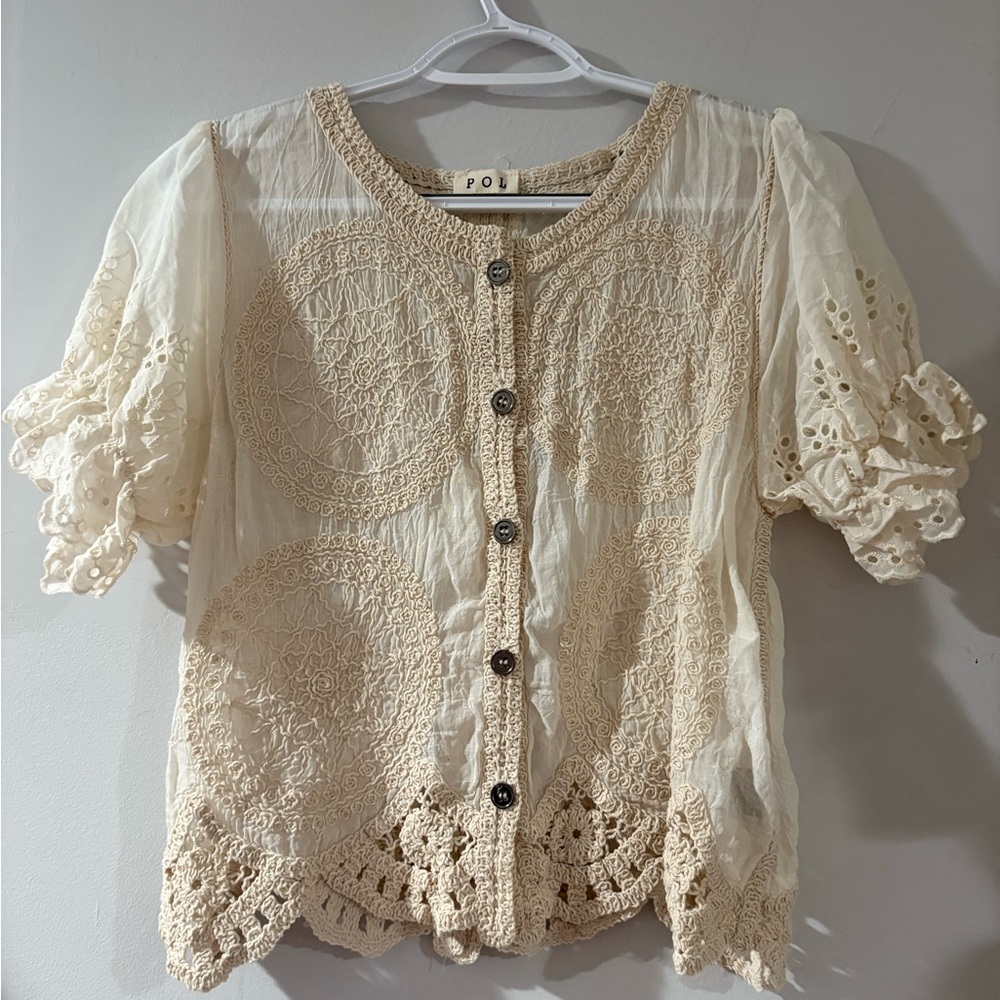 POL Cream Lace Button-Up Blouse